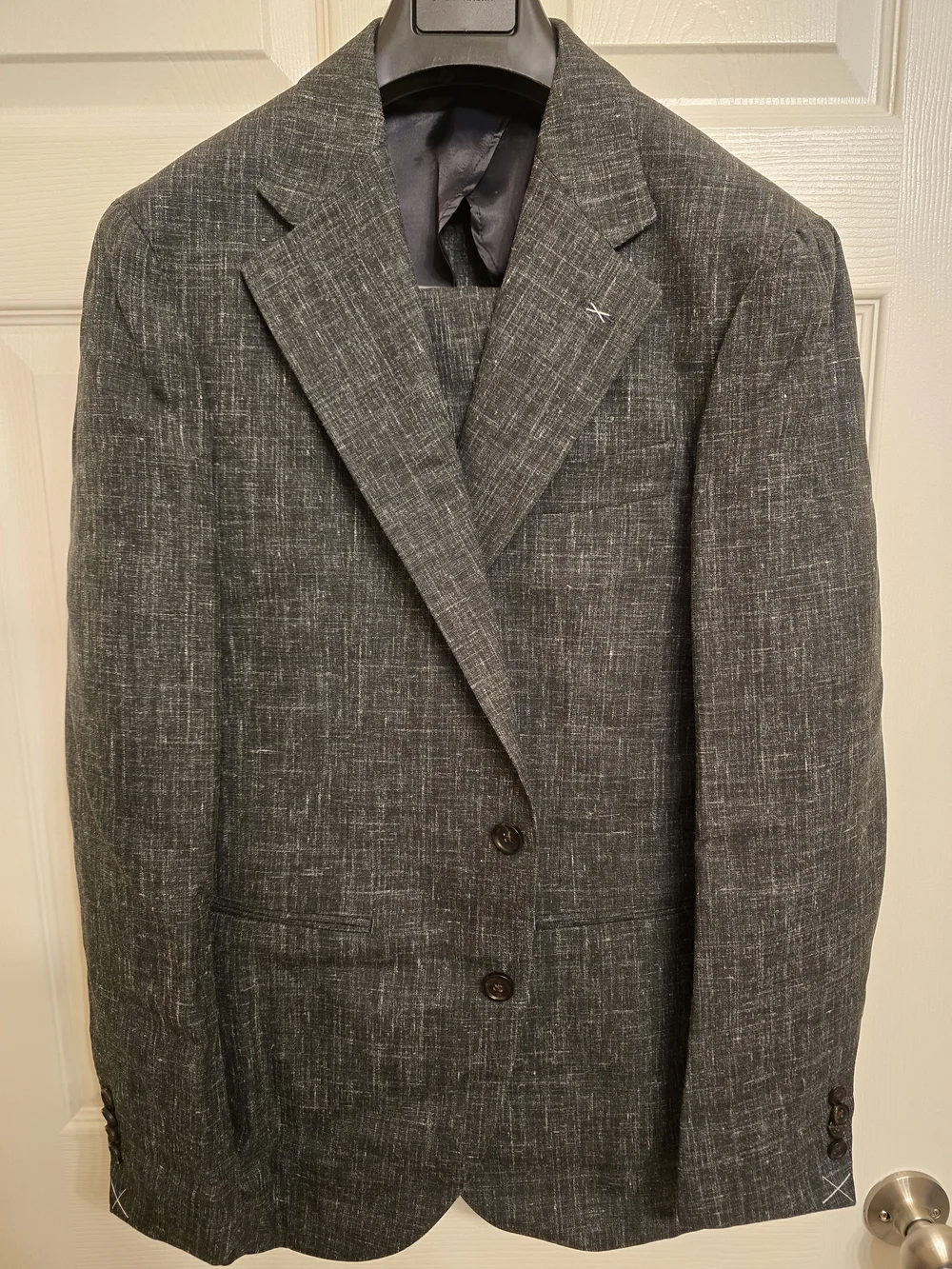Men's Dark Green Textured Wool/Linen/Silk Suit - Jacket & Trousers